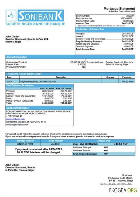 Modèle Word et PDF de relevé hypothécaire de la Sonibank du Niger